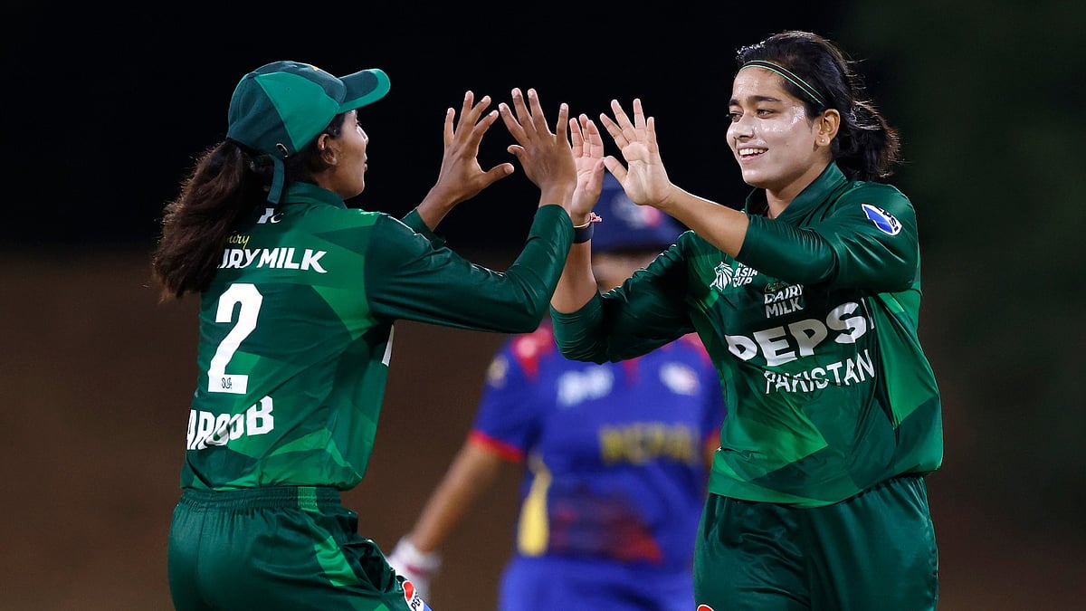 Photo: ACC : Pakistan pacer Fatima Sana (R) celebrating a wicket of Nepal women batter with her teammate.